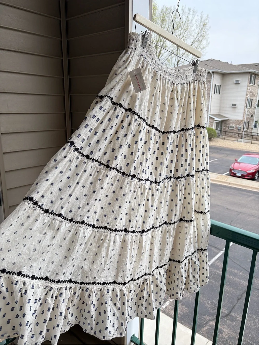🆕✨Lucky Brand Boho Tiered Midi Skirt Cream Smocked Waist XL Cottagecore Peasant - Picture 4 of 17